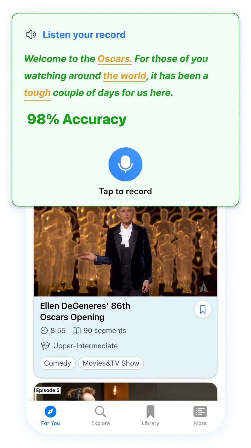 Speak Pro app showing AI feedback and pronunciation analysis